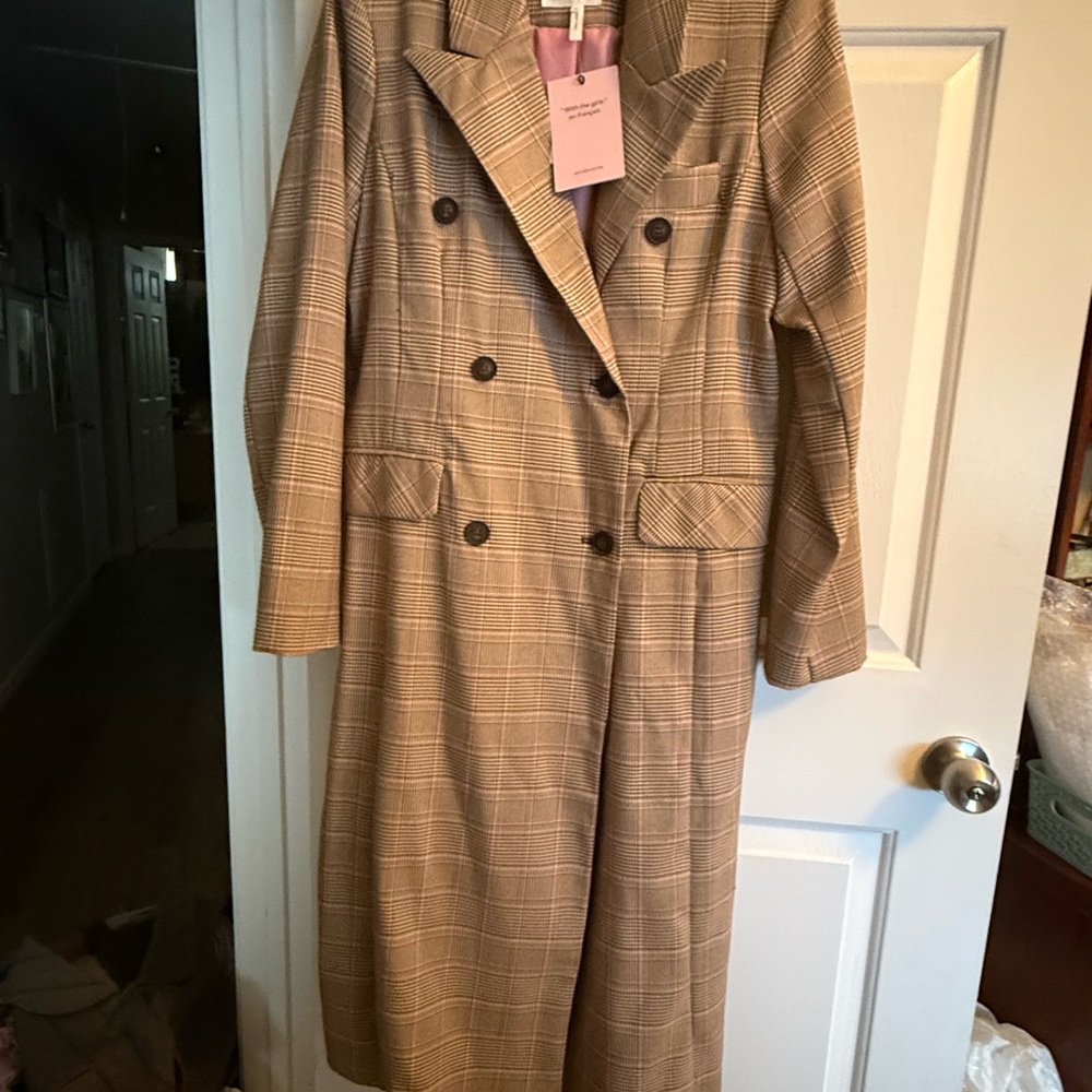 Avec Les Filles Plaid Double-Breasted Trench Coat in pink, Tan and Brown